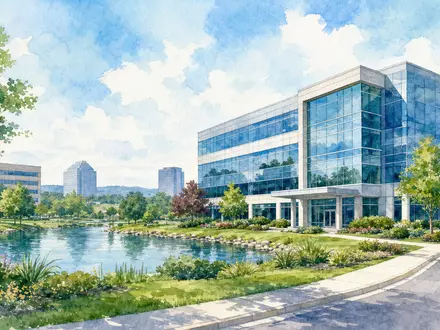Quest Diagnostics US74834L1008 präsentiert modernen Bürocampus in sanfter Aquarell-Optik mit Teich und Landschaftsgestaltung im Vordergrund - Foto: THN
