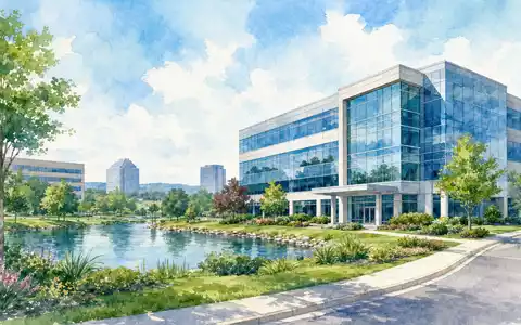 Quest Diagnostics US74834L1008 präsentiert modernen Bürocampus in sanfter Aquarell-Optik mit Teich und Landschaftsgestaltung im Vordergrund - Foto: THN