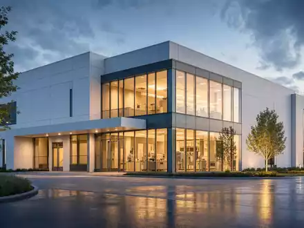 Quest Diagnostics US74834L1008 illustriert modernes unbeschriftetes Laborgebäude als Architektur-Render bei Dämmerung mit warmem Innenlicht - Foto: THN