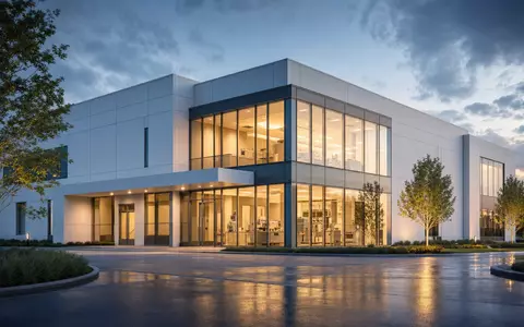 Quest Diagnostics US74834L1008 illustriert modernes unbeschriftetes Laborgebäude als Architektur-Render bei Dämmerung mit warmem Innenlicht - Foto: THN