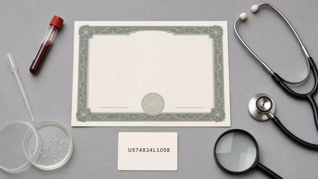 Flatlay mit Aktienzertifikat, ISIN-Karte und medizinischen Laborutensilien von oben
