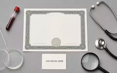Quest Diagnostics US74834L1008 zeigt Flatlay-Arrangement aus Aktienzertifikat, ISIN-Karte und medizinischen Laborutensilien von oben fotografiert - Foto: THN