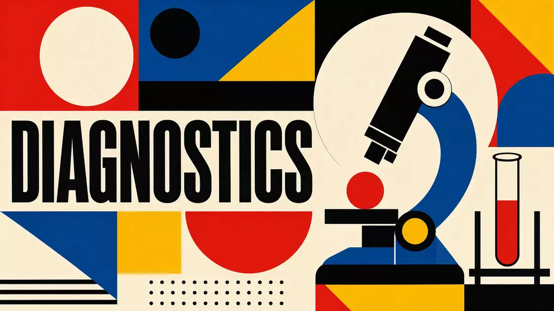 Geometrisches Bauhaus-Poster mit Mikroskop-Motiv und dem Wort DIAGNOSTICS