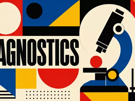 Quest Diagnostics US74834L1008 wird als geometrisches Bauhaus-Poster mit Mikroskop-Motiv und Sektor-Text DIAGNOSTICS dargestellt - Foto: THN