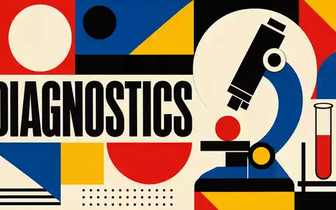 Quest Diagnostics US74834L1008 wird als geometrisches Bauhaus-Poster mit Mikroskop-Motiv und Sektor-Text DIAGNOSTICS dargestellt - Foto: THN