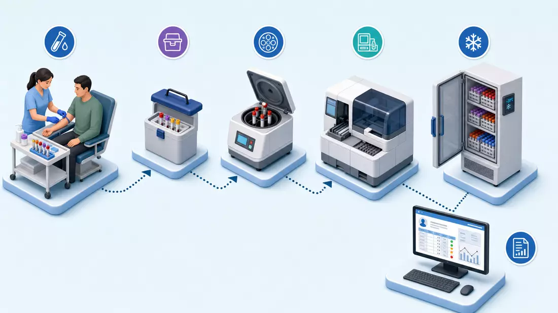 Isometrische 3D-Infografik der Diagnostik-Wertschöpfungskette von Probe bis Befund