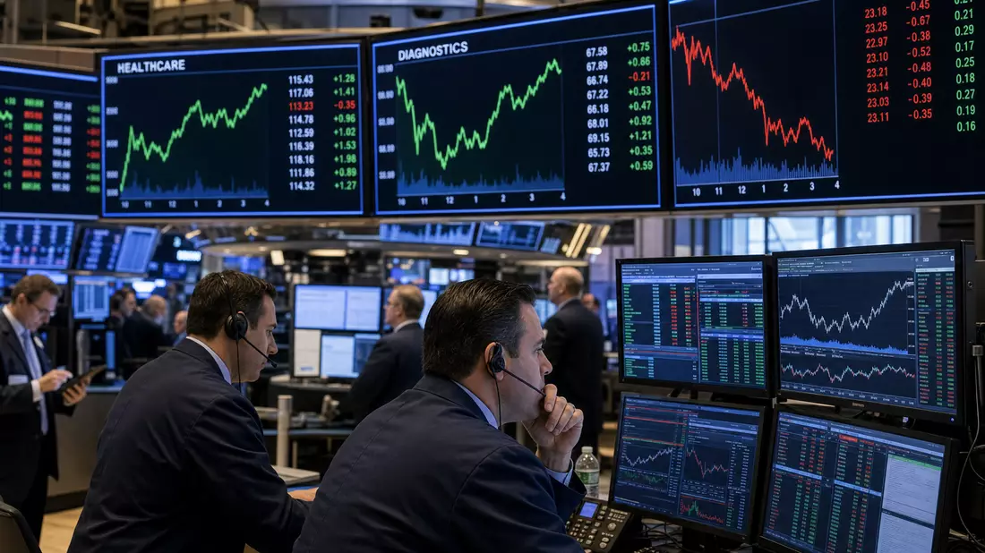 Börsen-Trading-Floor mit Händlern und Gesundheitssektor-Kurscharts auf Bildschirmen
