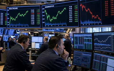 Quest Diagnostics US74834L1008 wird redaktionell mit Börsen-Trading-Floor und Gesundheitssektor-Charts auf großen Bildschirmen inszeniert - Foto: THN