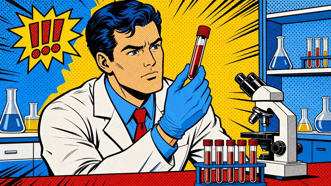 Pop-Art-Comic-Illustration eines Wissenschaftlers mit Blutprobe im Labor