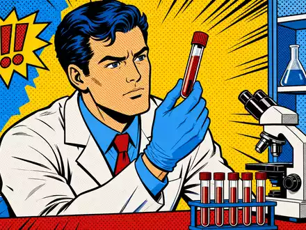 Quest Diagnostics US74834L1008 erscheint als farbenfrohe Pop-Art-Comic-Szene mit Wissenschaftler und Blutprobe im Labor - Foto: THN