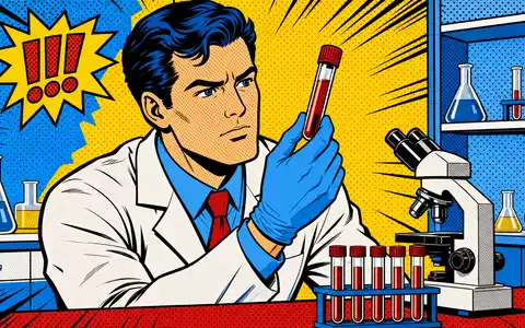 Quest Diagnostics US74834L1008 erscheint als farbenfrohe Pop-Art-Comic-Szene mit Wissenschaftler und Blutprobe im Labor - Foto: THN