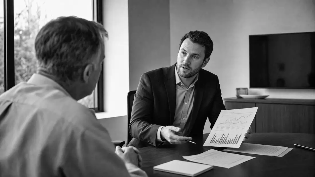 Schwarzweiß-Aufnahme eines Finanzberaters im Gespräch mit einem Kunden am Tisch