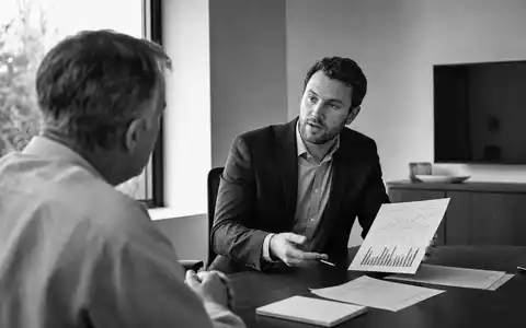 Raymond James Financial US7547301090 dokumentiert eine Schwarzweiß-Beraterberatung mit Portfolio-Unterlagen in einem modernen Besprechungsraum - Foto: THN