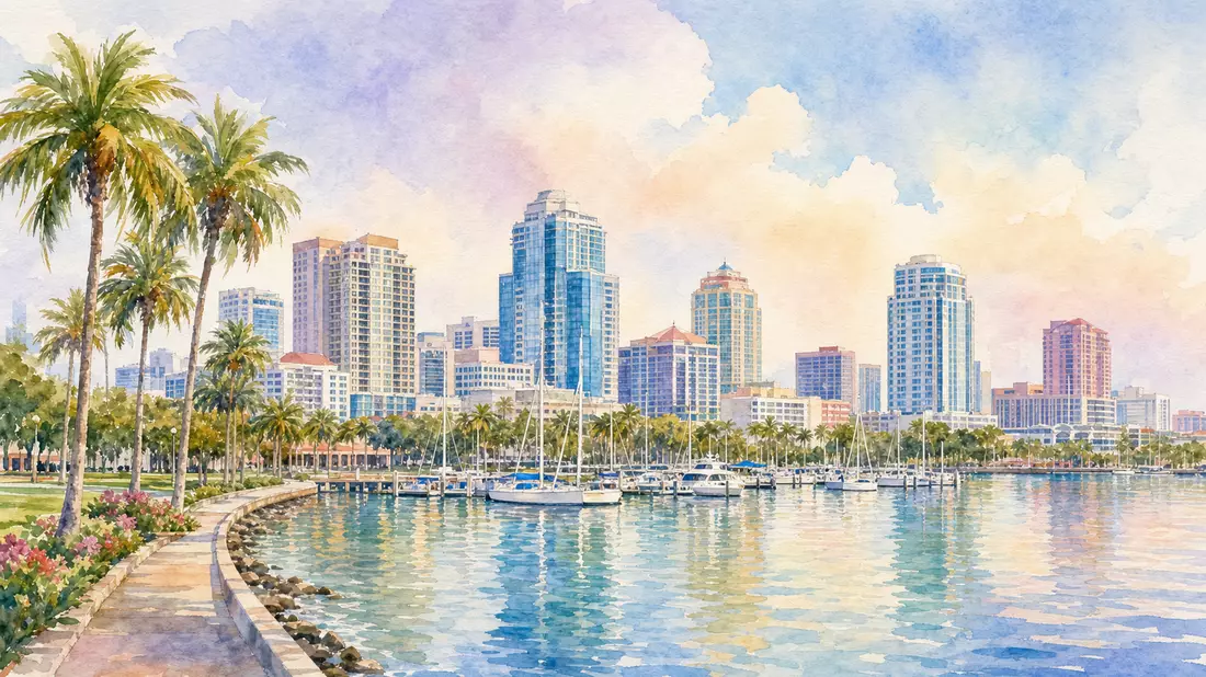 Aquarellmalerei der Skyline und Marina von St. Petersburg Florida mit Palmen