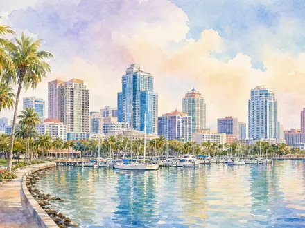 Raymond James Financial US7547301090 präsentiert die Skyline von St. Petersburg Florida als sanftes Aquarellgemälde - Foto: THN