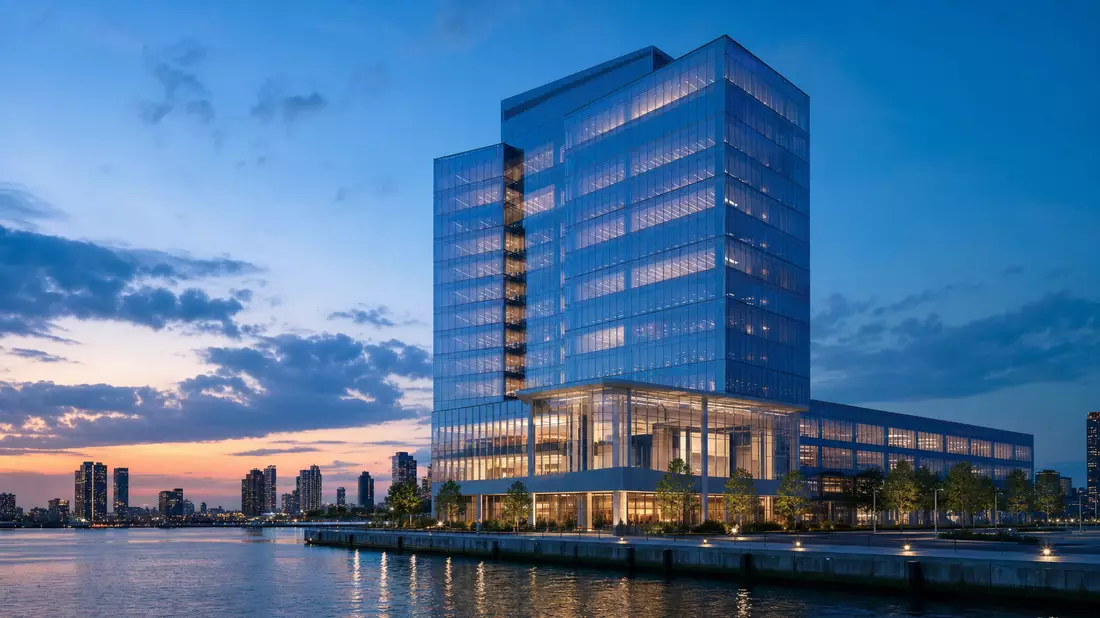 3D-Architekturrender eines gläsernen Bürohochhauses am Wasser bei Abenddämmerung