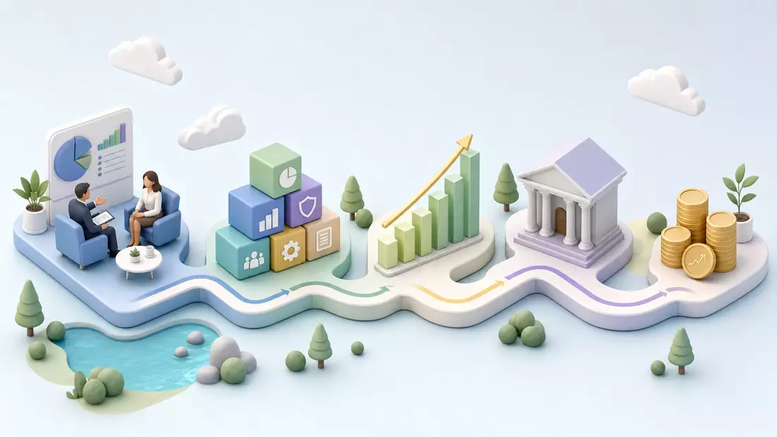 Isometrische 3D-Illustration einer Wertschöpfungskette für Vermögensverwaltung mit Symbolen
