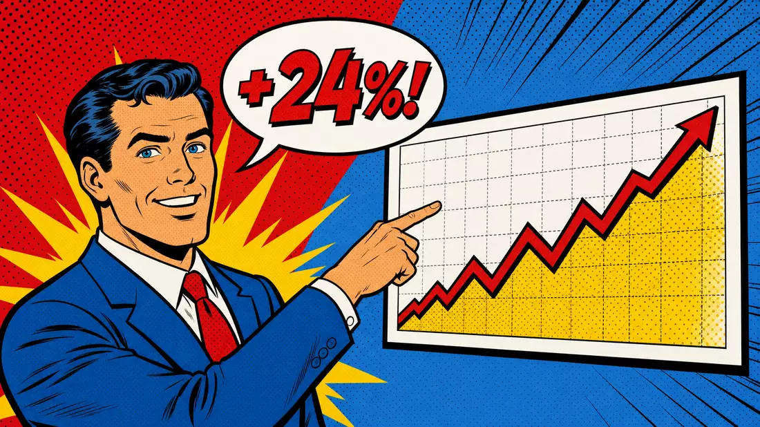 Pop-Art-Comic eines Finanzberaters, der auf einen steigenden Aktienchart zeigt