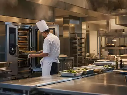 Rational AG (DE0007010803) zeigt eine moderne Großküche mit Koch und Kombidämpfer im professionellen Einsatz - Foto: THN