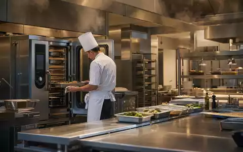 Rational AG (DE0007010803) zeigt eine moderne Großküche mit Koch und Kombidämpfer im professionellen Einsatz - Foto: THN