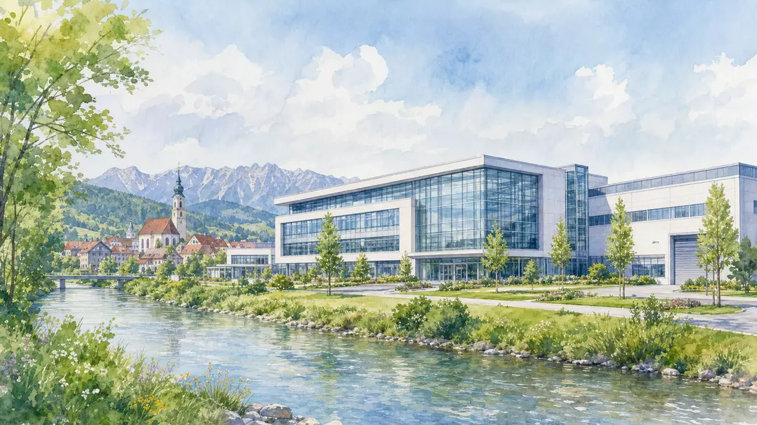 Aquarellmalerei eines Firmengebäudes an einem Fluss in Bayern