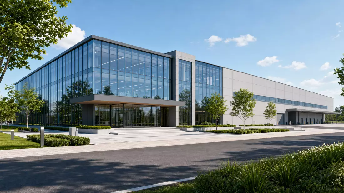 Architektur-Render eines modernen Firmengebäudes mit Glasfassade