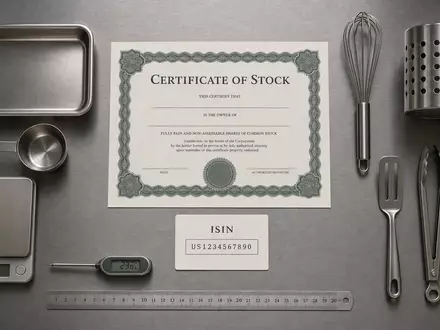 Rational AG (DE0007010803) wird im Flatlay durch Aktienzertifikat, ISIN-Karte und Edelstahl-Küchenutensilien symbolisiert - Foto: THN