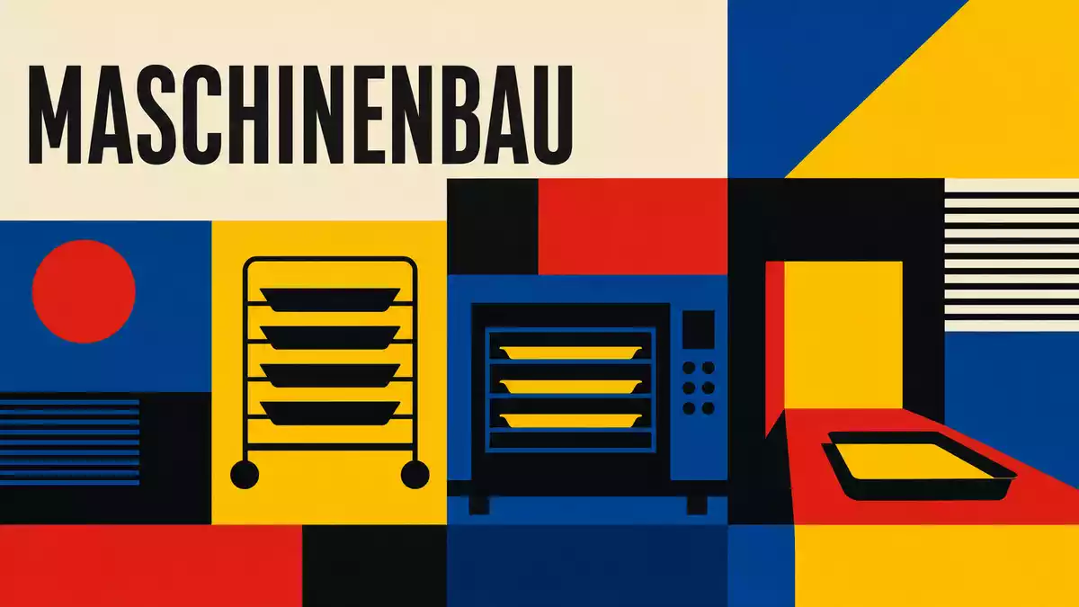 Bauhaus-Poster mit geometrischen Formen und dem Schriftzug MASCHINENBAU