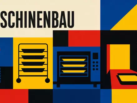 Rational AG (DE0007010803) inspiriert dieses Bauhaus-Poster mit geometrischen Küchengeräten und dem Wort MASCHINENBAU - Foto: THN
