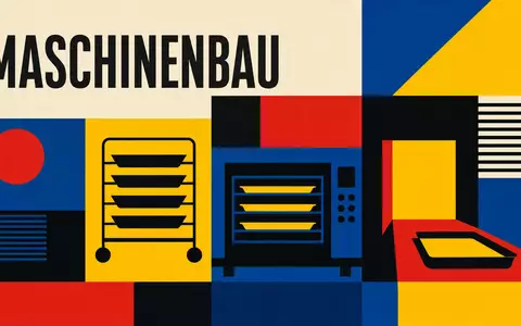 Rational AG (DE0007010803) inspiriert dieses Bauhaus-Poster mit geometrischen Küchengeräten und dem Wort MASCHINENBAU - Foto: THN