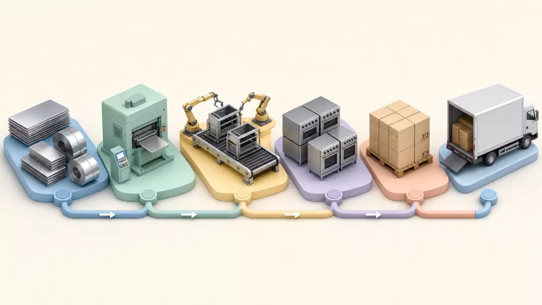 Isometrische 3D-Grafik einer Fertigungskette für Küchengeräte