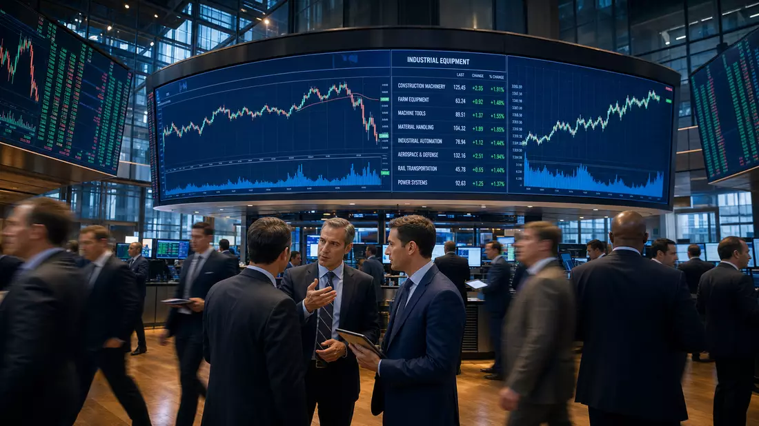 Trading-Floor mit Börsenbildschirmen und Charts der Industrieausrüstungsbranche