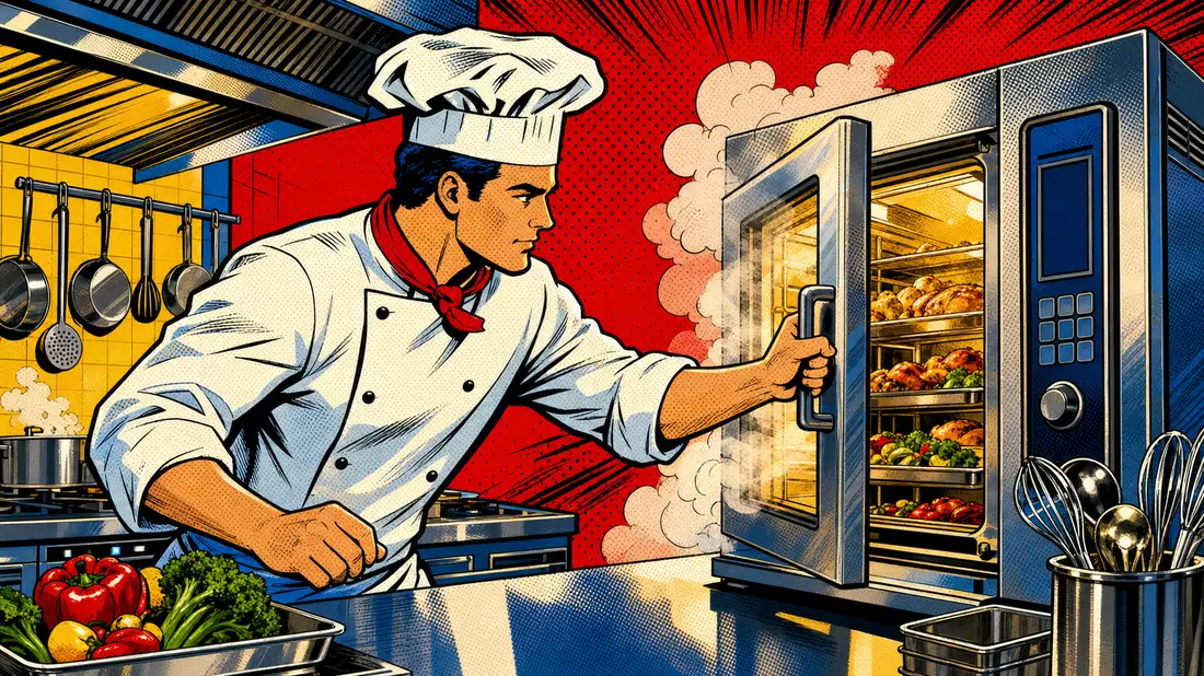 Pop-Art-Comic zeigt Koch, der einen dampfenden Küchenofen öffnet