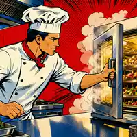 Rational AG (DE0007010803) erscheint als Pop-Art-Comic mit Koch, der dampfenden Kombidämpfer-Ofen in Küche öffnet - Foto: THN