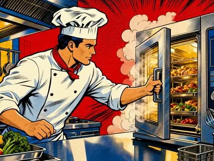 Rational AG (DE0007010803) erscheint als Pop-Art-Comic mit Koch, der dampfenden Kombidämpfer-Ofen in Küche öffnet - Foto: THN