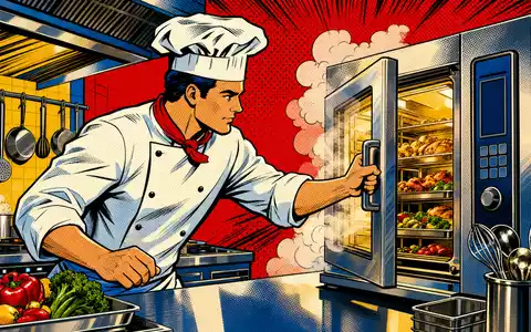Rational AG (DE0007010803) erscheint als Pop-Art-Comic mit Koch, der dampfenden Kombidämpfer-Ofen in Küche öffnet - Foto: THN