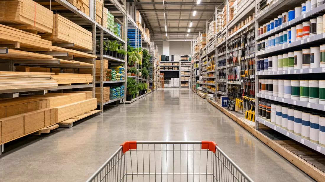 Fotorealistische Innenansicht eines Baumarkt-Lagers mit Regalen voller Farben und Werkzeug