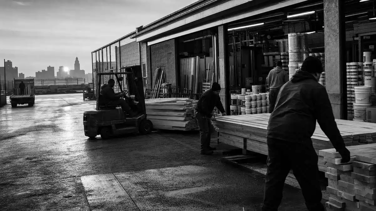 Schwarzweiß-Reportagefoto einer Laderampe mit Arbeitern und Holzstapeln im Morgenlicht
