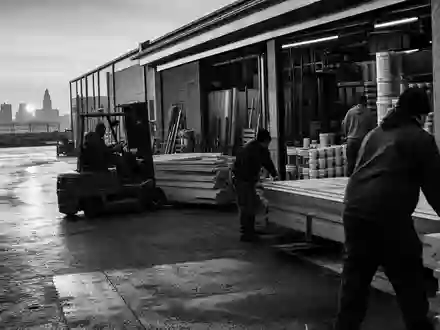 Kingfisher plc GB0033195214 dargestellt als dokumentarische Schwarzweiß-Reportage an einer Warenlogistik-Laderampe bei Sonnenaufgang - Foto: THN