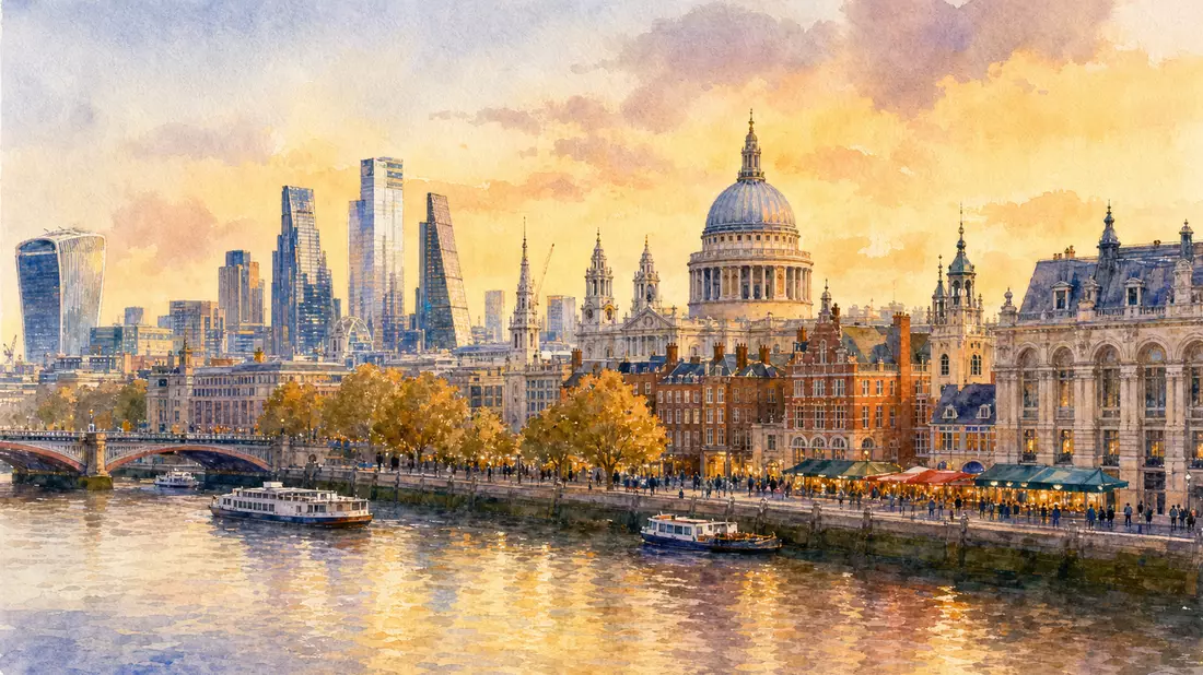 Aquarellmalerei der Londoner Skyline und Themse-Uferpromenade in warmem Licht