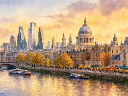 Kingfisher plc GB0033195214 illustriert als Aquarellgemälde der Londoner Skyline entlang der Themse im Abendlicht - Foto: THN