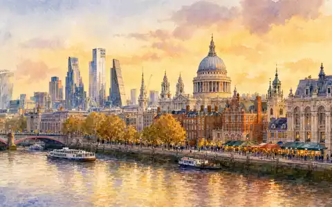 Kingfisher plc GB0033195214 illustriert als Aquarellgemälde der Londoner Skyline entlang der Themse im Abendlicht - Foto: THN