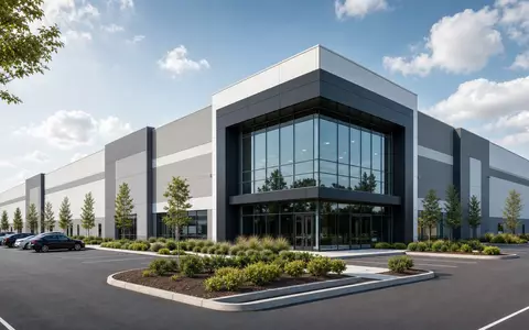 Kingfisher plc GB0033195214 repräsentiert durch einen modernen Architektur-Render eines großen unbebauten Einzelhandels-Logistikgebäudes bei Tageslicht - Foto: THN