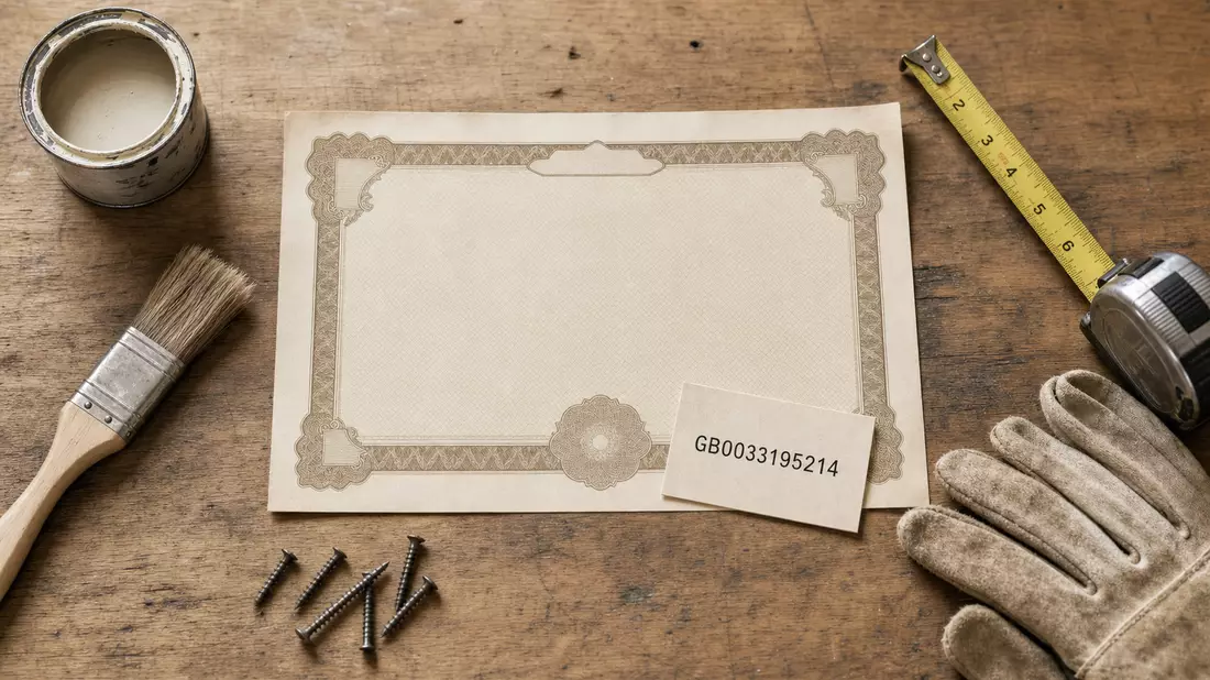 Flatlay mit Aktienzertifikat, ISIN-Karte GB0033195214, Pinsel und Werkzeug auf Holztisch