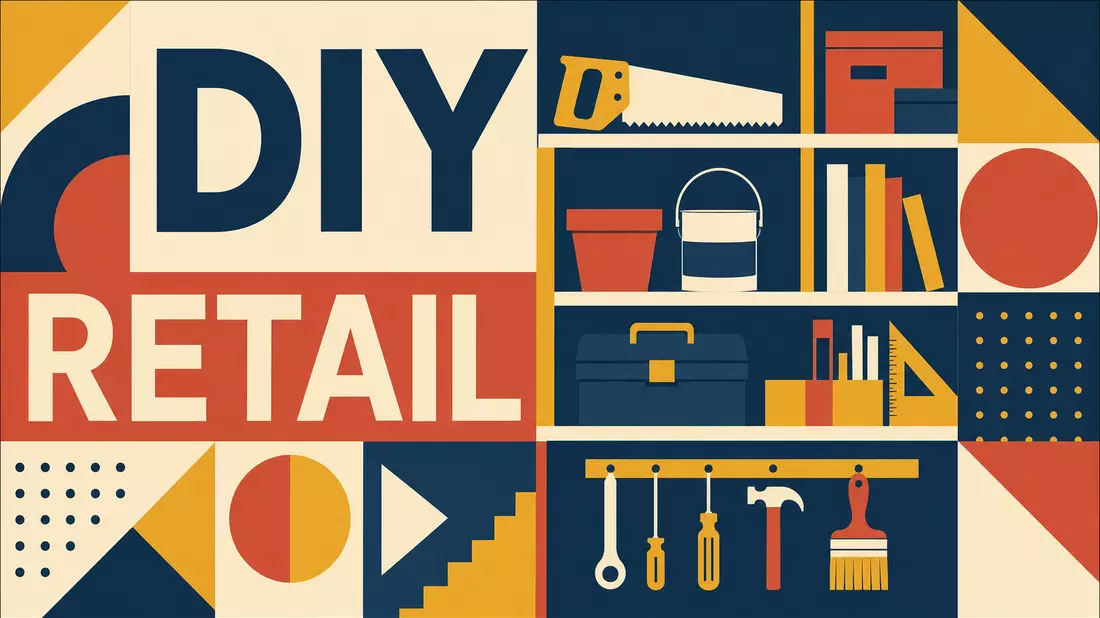 Bauhaus-Poster mit geometrischen Formen, Text DIY und RETAIL und stilisierten Werkzeugen