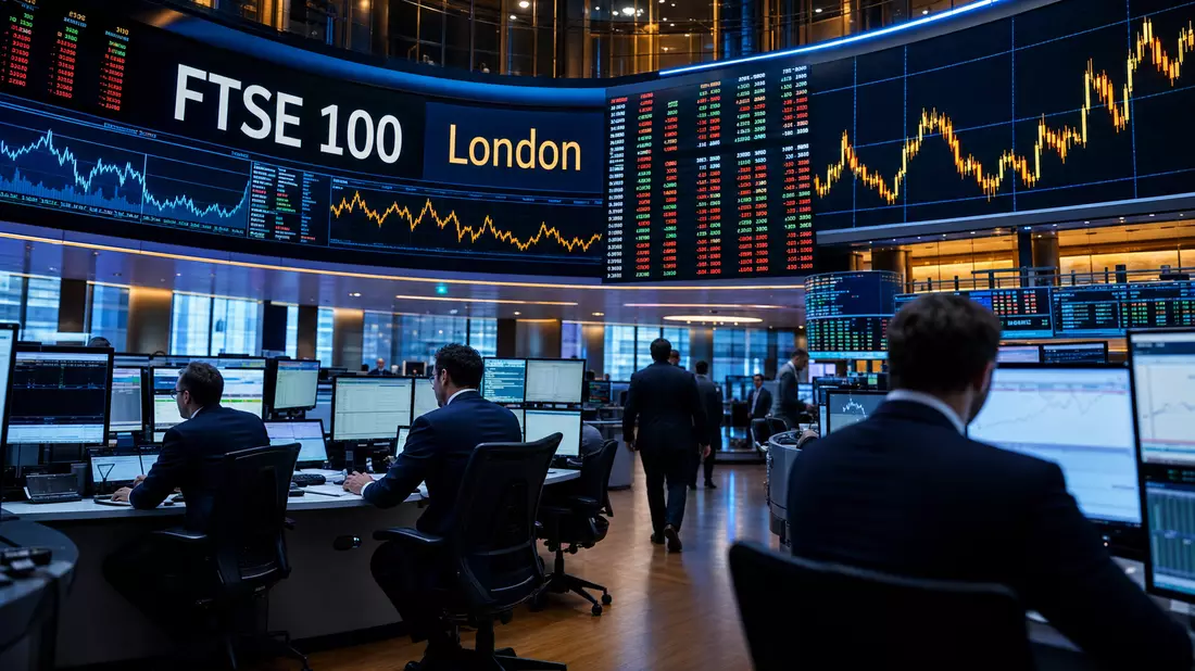 Editorialfoto eines Handelsraums mit Kursdiagrammen und Anzeige FTSE 100 London