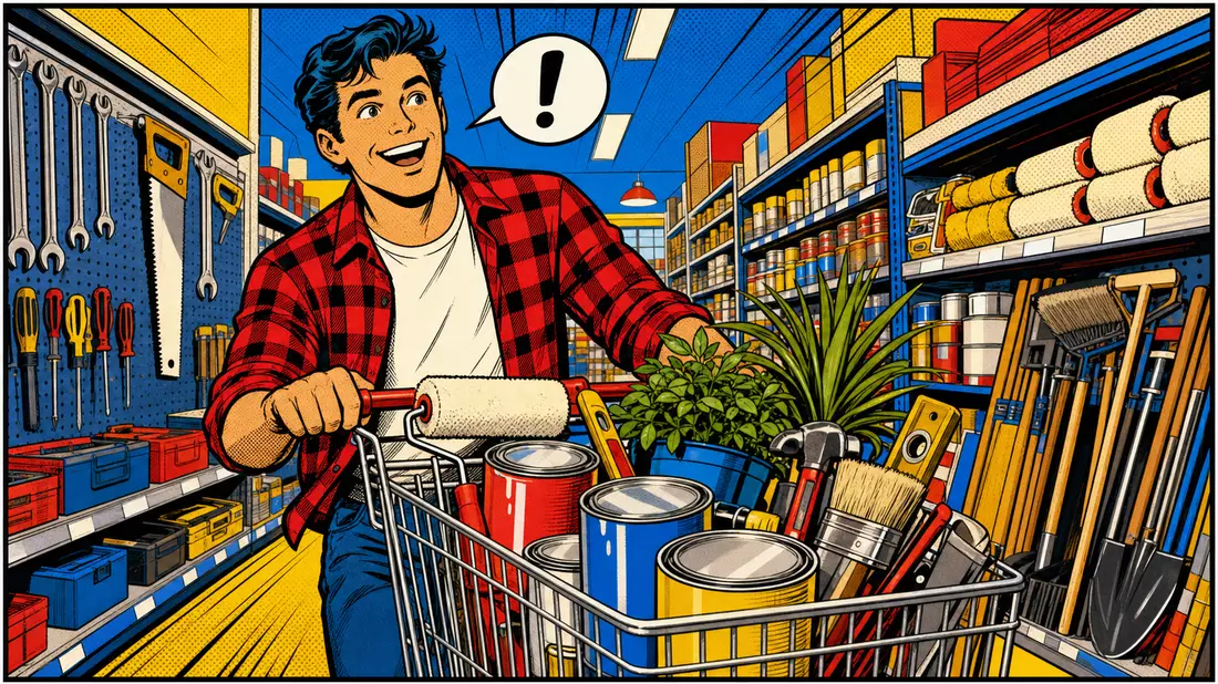 Pop-Art-Comic mit fröhlichem Kunden und Einkaufswagen voller Farbdosen im Baumarkt