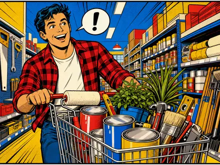 Kingfisher plc GB0033195214 in einer farbenfrohen Pop-Art-Comic-Szene mit Einkaufswagen voller Farbe und Werkzeug - Foto: THN