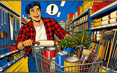 Kingfisher plc GB0033195214 in einer farbenfrohen Pop-Art-Comic-Szene mit Einkaufswagen voller Farbe und Werkzeug - Foto: THN