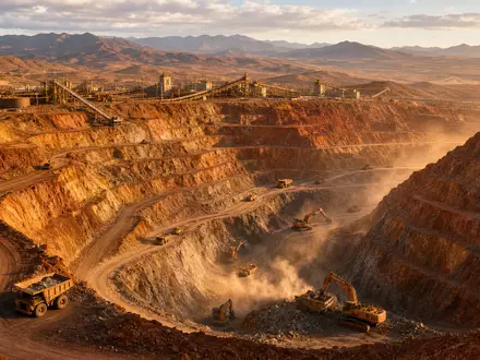 Anglo American plc GB00B1XZS820 zeigt einen riesigen Kupfer-Tagebau mit Baggern und Lastwagen im Abendlicht - Foto: THN
